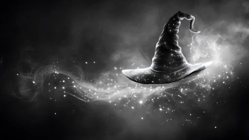 Glittering wizard hat floats through swirling starry smoke