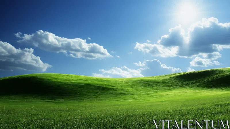 Sunlit green hills under clear blue sky with clouds.