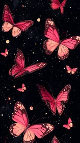Pink butterflies drift across starry black night sky