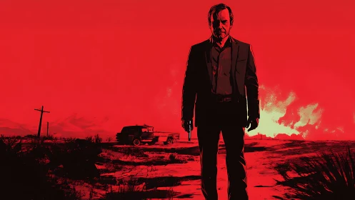 Man with gun stands in stark red desert as fire burns behind