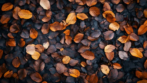 Golden autumn leaves rest on deep blue forest floor.