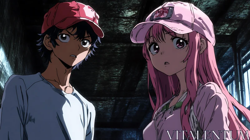 Curious anime duo explore a shadowy, mysterious hallway.