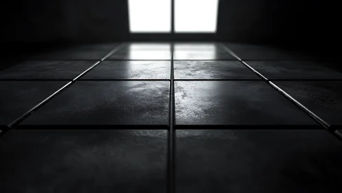 Midnight tiles marching toward a blinding quiet doorway.