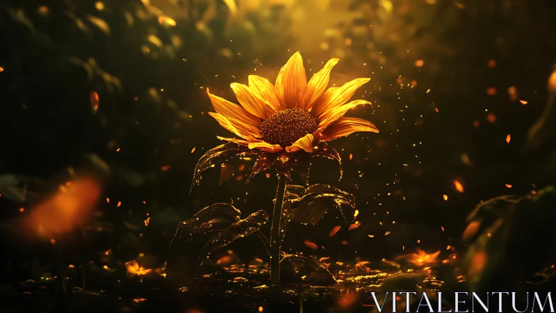 Single sunflower under warm backlight in dark foliage field.