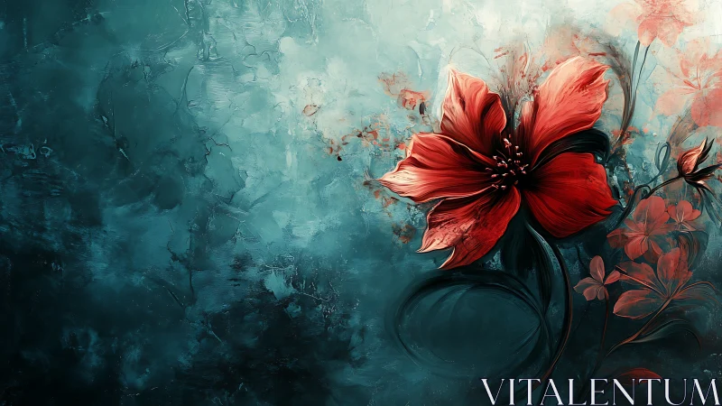 Red floral digital painting on textured teal backdrop.