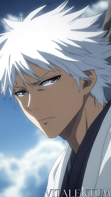 Serious white haired anime swordsman against blue sky.