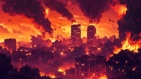 Urban Inferno: Apocalyptic Cityscape Engulfed in Cascading Flame