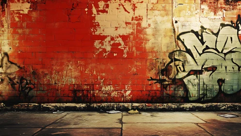 Urban graffiti ignites a weathered red wall with gritty energy