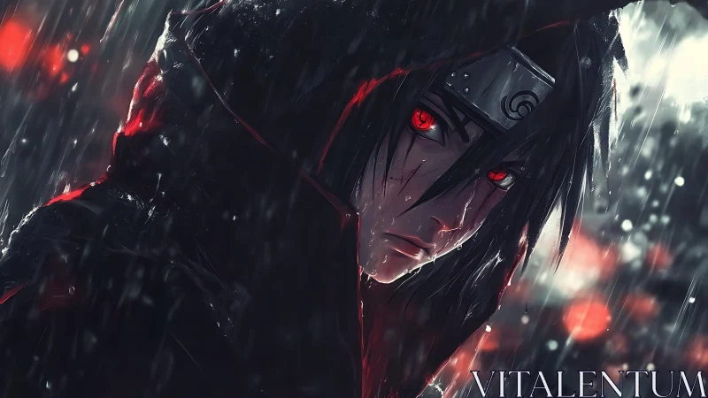 Anime rain portrait with dramatic red accent lighting.