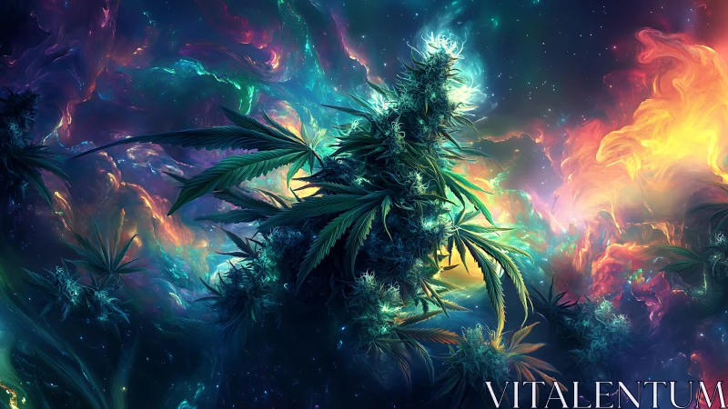 Luminous cosmic garden of glowing leaves and swirling color.