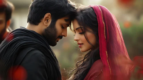 Intimate portrait of bearded South Asian couple in traditional maroon headwear against soft bokeh