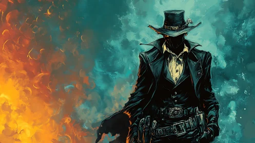 Mysterious gunslinger strides between fire and cool mist
