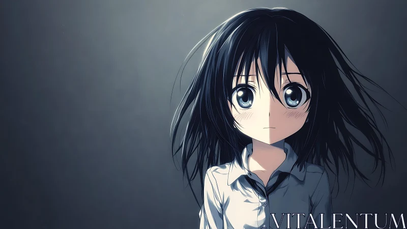 Melancholic anime girl in soft rim light, muted palette.