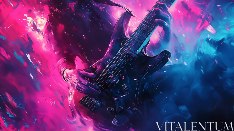Electric bass guitar rendered with neon magenta and cyan light