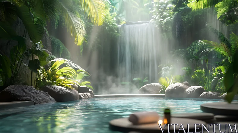 Tropical spa pool beneath misty waterfall in soft sunlight.