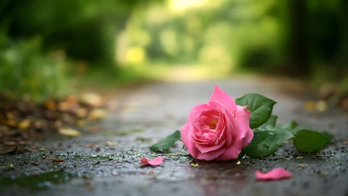 Pink rose rests on wet garden path with soft green bokeh