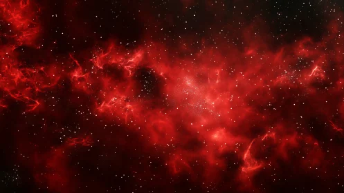 Glowing red nebula cradling distant newborn stars in space.