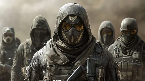 Masked tactical squad in desert combat gear formation.