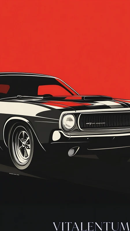 Midnight muscle car slices through a wildfire red horizon