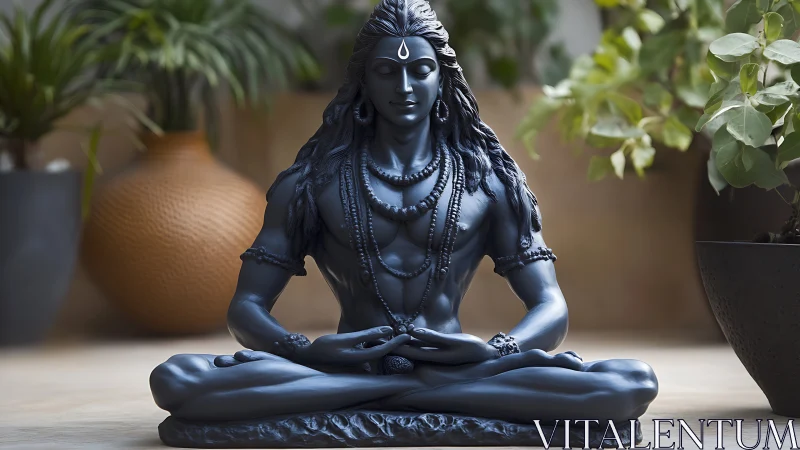 Midnight-hued Shiva statue meditates among soft greenery