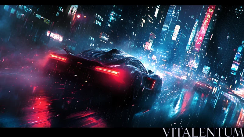 Midnight supercar gliding through neon city rain.