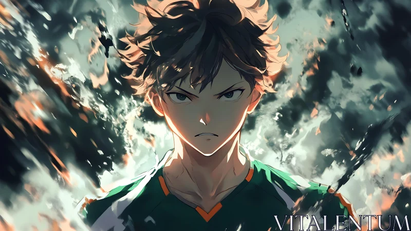 Determined anime athlete stands amid swirling fiery energy.