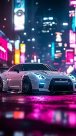 White sports coupe is rendered on wet neon city street at night