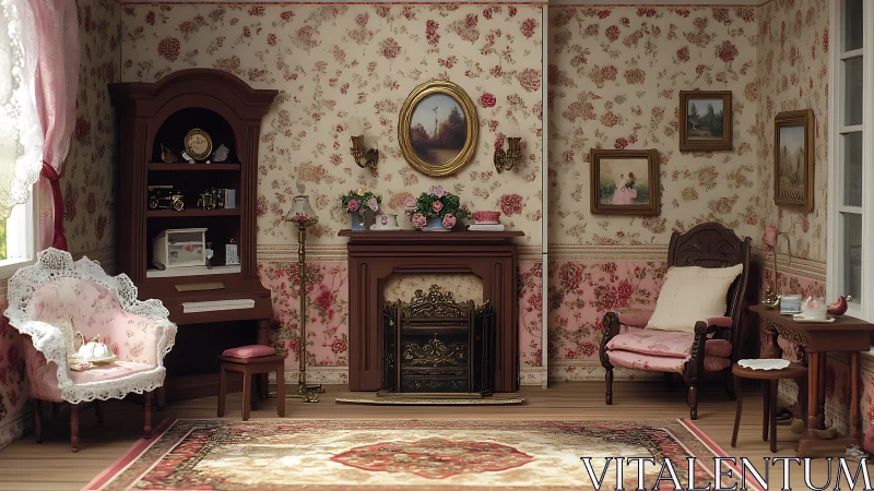 Victorian parlor dollhouse drenched in rosy wallpaper daydreams.
