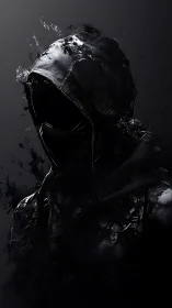 Hooded shadow figure dissolves into abstract darkness.