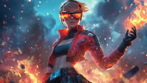 Fire-wielding cyber heroine commands a blazing battlefield.
