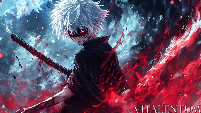Bloodlit white-haired swordsman in high-energy anime combat.