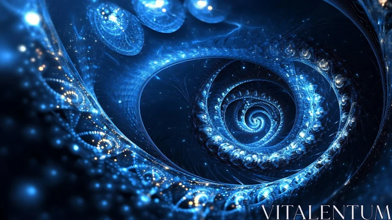 Luminescent logarithmic spiral with nested blue fractal waves