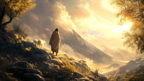 Sun-drenched shepherd drifts toward a glowing mountain pass