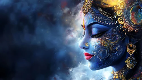 Cosmic blue goddess draped in jeweled celestial whispers.