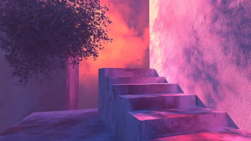 Staircase leads upward beside textured wall into vivid sky