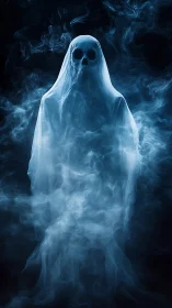 Shrouded ghost drifts upward through cold cinematic mist