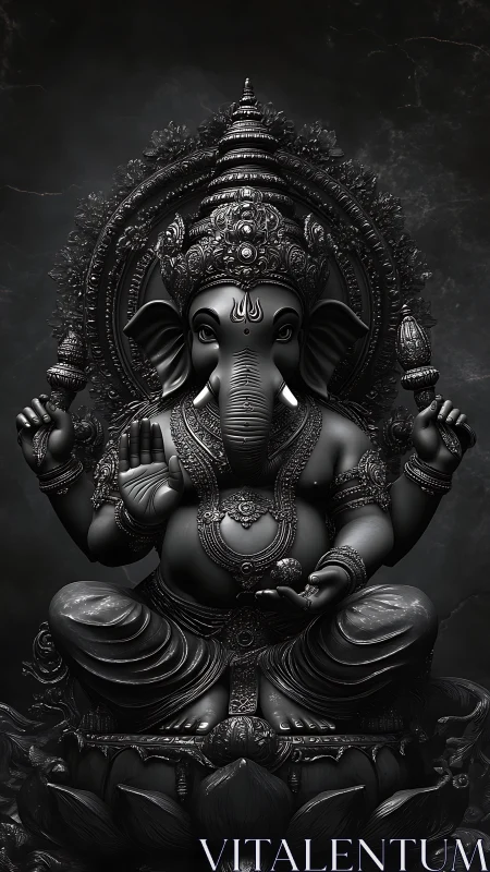 Detailed monochrome depiction of seated Ganesha sculpture form.