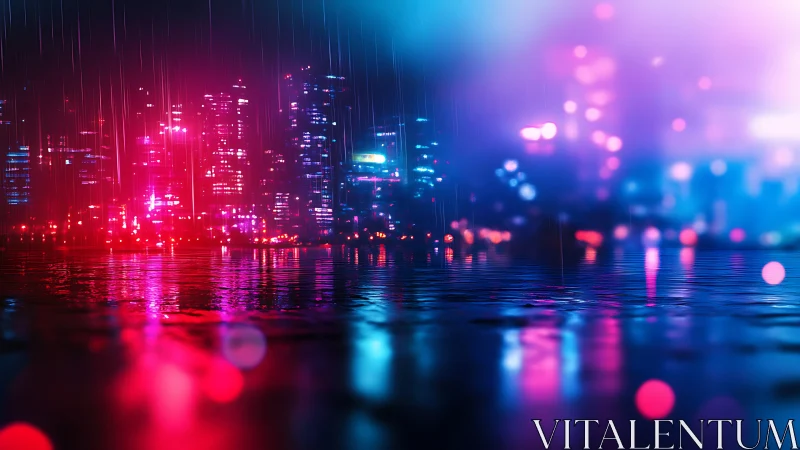 Neon-lit futurist skyline reflects across rain-soaked waterfront