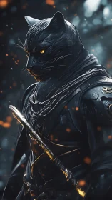 Midnight panther swordsman stalks through emberlit shadows.