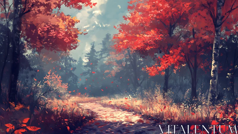 Autumn Forest Path Where Fall Colors Dance Through Misty Light.