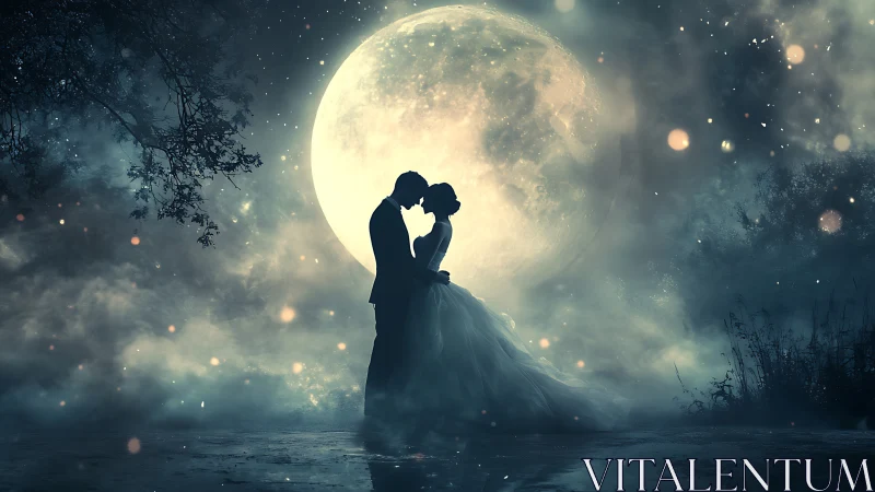 Silhouetted couple beneath full moon bokeh.