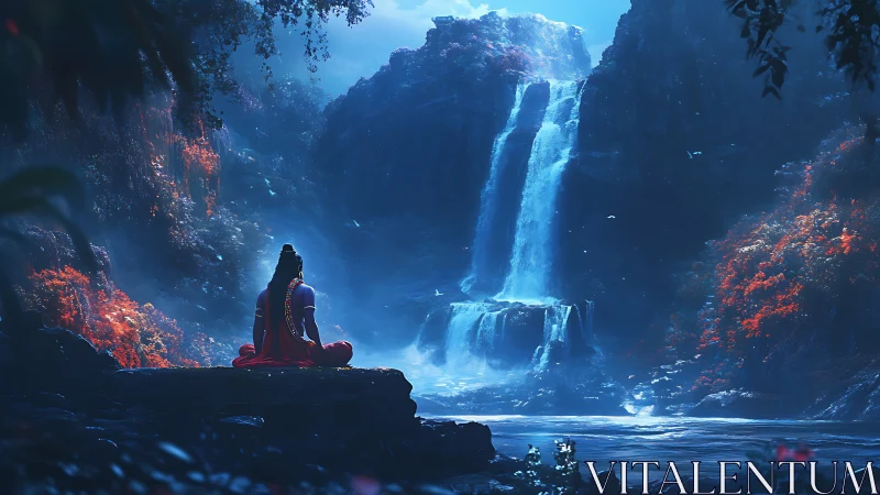 Mystic sage meditates by luminous waterfall in moonlit gorge