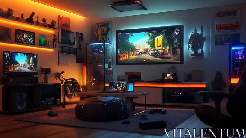 Immersive RGB-lit gaming command studio with multi-screen display.