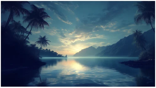 Tropical Lagoon Vista with Bioluminescent Water and Mountain Backdrop.