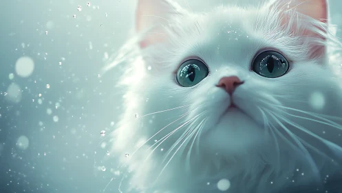 White cat with large turquoise eyes gazes directly upward