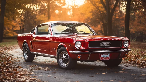 Red classic Ford Mustang fastback on forest road at dusk.