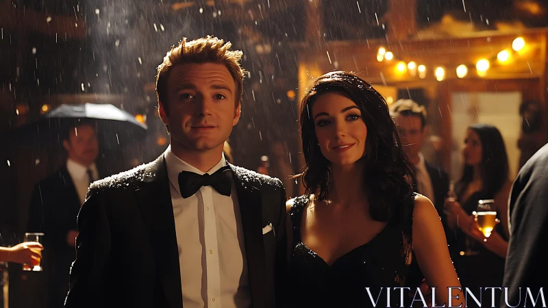 Elegant couple embrace rainlit evening gala courtyard.