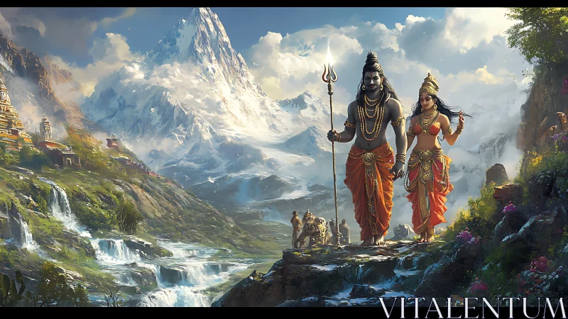 Mythic figures traverse a layered Himalayan river valley