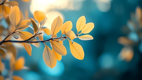 Golden yellow leaves on branch with dreamy blue bokeh background.