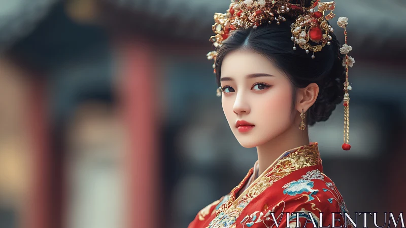 Woman in ornate red hanfu stands in shallow temple depth